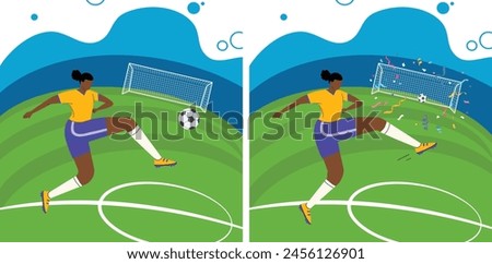 Woman playing football and scoring a goal on a football pitch or in a soccer stadium 