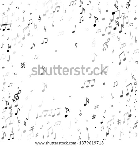 Musical notes, treble clef, flat and sharp symbols flying vector illustration. Notation melody record classic concept. Cartoon music studio background. Black melody sound notes signs.