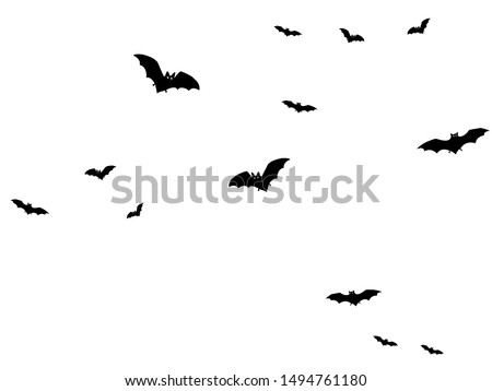 Horror black bats group isolated on white vector Halloween background. Flittermouse night creatures illustration. Silhouettes of flying bats traditional Halloween symbols on white.