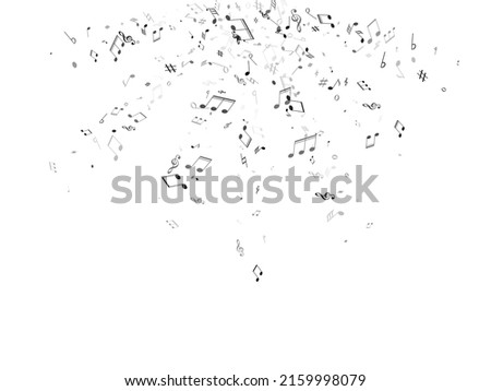 Musical notes, treble clef, flat and sharp symbols flying vector illustration. Notation melody record classic elements. Cartoon music studio background. Monochrome melody sound notation. Photo stock © 