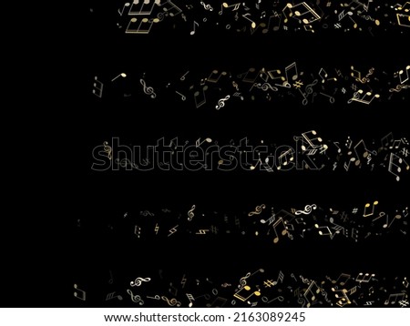 Musical notes, treble clef, flat and sharp symbols flying vector illustration. Notation melody record classic signs. Abstract music studio background. Gold metallic sound recording notes.