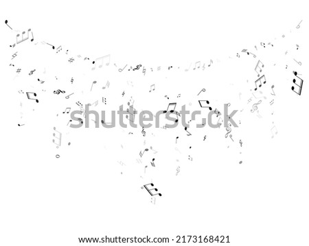 Musical notes, treble clef, flat and sharp symbols flying vector illustration. Notation melody record elements. Disco music studio background. Monochrome musical notation. Photo stock © 