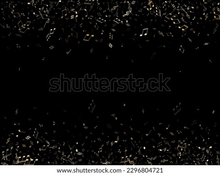 Music notes, treble clef, flat and sharp symbols flying vector design. Notation melody record elements. Disco music studio background. Gold metallic melody sound notes signs.