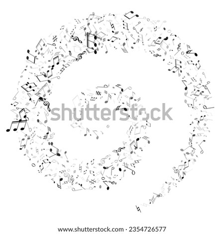Music notes, treble clef, flat and sharp symbols flying vector design. Notation melody record classic icons. Elecrtonic music studio background. Greyscale musical note.
