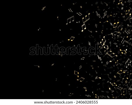 Musical notes symbols flying vector background. Notation melody record classic icons. Popular music studio background. Gold metallic sound recording notes.