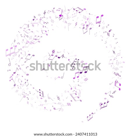 Music notes, treble clef, flat and sharp symbols flying vector design. Notation melody record silhouettes. Musician album background. Purple violet melody sound notes signs.