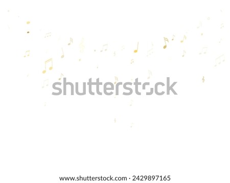 Musical notes, treble clef, flat and sharp symbols flying vector illustration. Notation melody record classic elements. Musician album background. Gold metallic melody sound notation.