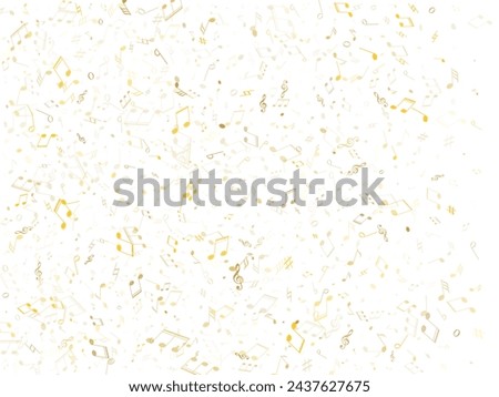 Musical notes, treble clef, flat and sharp symbols flying vector design. Notation melody record classic elements. Disco music studio background. Gold musical notation.