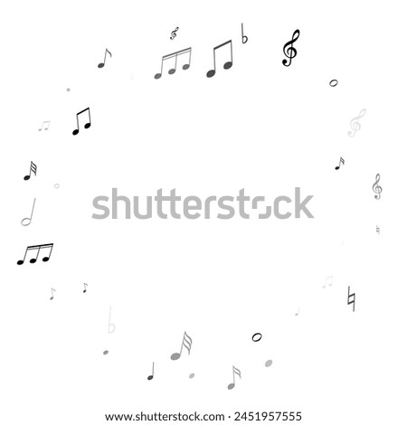 Musical notes, treble clef, flat and sharp symbols flying vector illustration. Notation melody record classic signs. Musician album background. Monochrome musical note.
