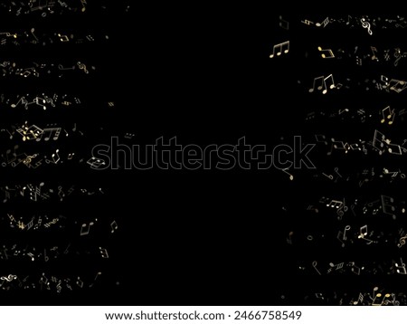 Musical notes, treble clef, flat and sharp symbols flying vector design. Notation melody record pictograms. Rock music studio background. Gold melody sound notes.