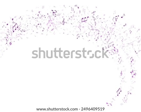 Music notes, treble clef, flat and sharp symbols flying vector illustration. Notation melody record classic concept. Audio album background. Blue violet melody sound notes icons.