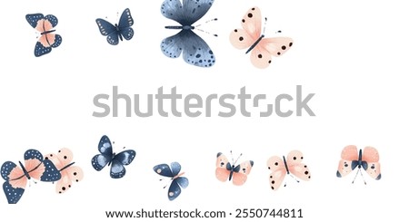 Delicate  butterflies in soft pink and blue hues create a whimsical and elegant pattern. Perfect for background designs, stationery, and fabric prints, adding a touch of nature's beauty to any project