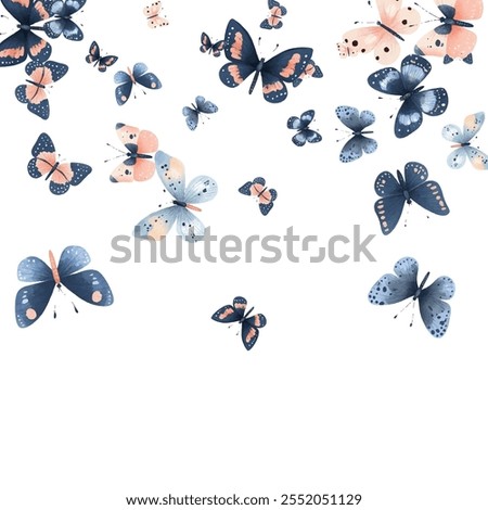 Delicate  butterflies in soft pink and blue hues create a whimsical and elegant pattern. Perfect for background designs, stationery, and fabric prints, adding a touch of nature's beauty to any project