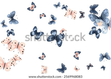 Delicate  butterflies in soft pink and blue hues create a whimsical and elegant pattern. Perfect for background designs, stationery, and fabric prints, adding a touch of nature's beauty to any project