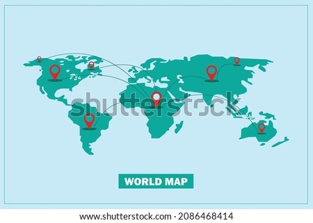 World map divided into Eight continents. Each continent. Simple flat vector illustration. Business network and global currency exchange icons on the world map