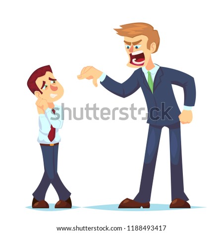 Boss man character screams on worker. Vector flat cartoon illustration Angry businessman shouting at employee