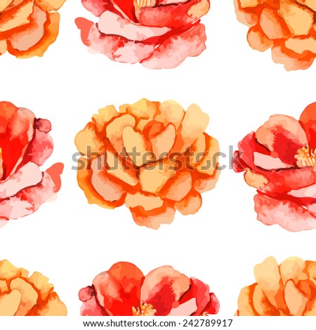 Camellia.Rose. Seamless pattern of flowers. Exotic plants. Watercolor. Transparent background.