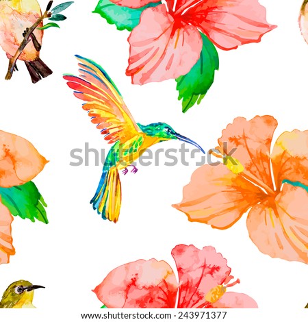 Hibiscus. Tropical plants and birds seamless pattern. Exotic flower. Vector. Watercolor. Foliage.