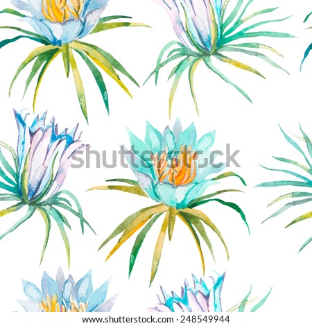 Tropical seamless pattern. Tropical flowers pattern.. Exotic  flowers. Vector.Dragonfruit, pitaya,pitahaya. Flowers pitaya.