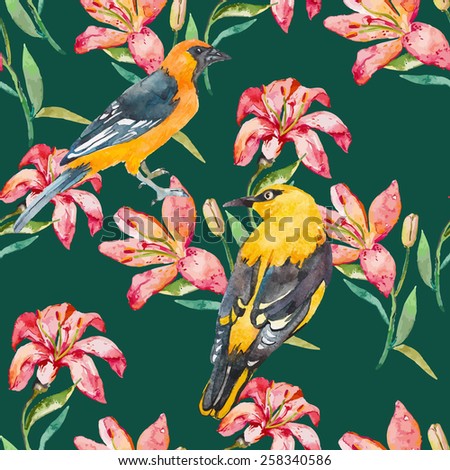 Seamless floral pattern. lilies flowers. Seamless pattern of birds and plants.