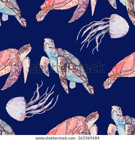 Underwater sea pattern. Sea turtles and jellyfish. Ocean