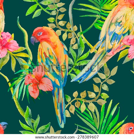Parrot seamless pattern. Topical flower and leaves, hibiscus.  Exotic. Tropical plants: exotic flower hibiscus and leaves. Vector.