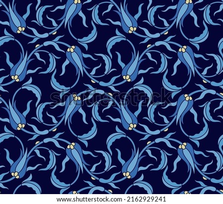 Seamless vector tulip pattern in azure color palette. Can be resized and repeated along large decorative surfaces like fabric patterns, wallpapers, beddings. 