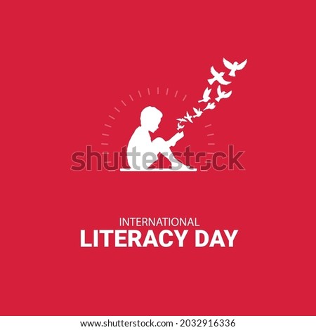 International Literacy day, Kids readign bokks and flying birds concept illustration