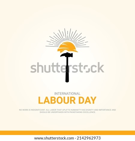 World labour day, Retro sun and working safety helmet and hammer  concept , 3D illustration. 