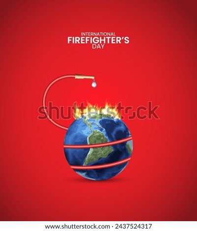 International Fire fighter day, fire nozzle whit world map, fire, save world, water drop, Design for social media banner, poster, vector illustration.