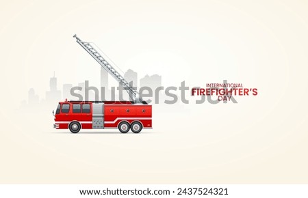 International Fire fighter day, Fire Apparatus whit city, design for social media banner, poster, 3D Illustration.