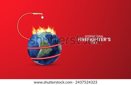 International Fire fighter day, fire nozzle whit world map, fire, save world, water drop, Design for social media banner, poster, vector illustration.