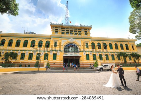 Ho Chi Minh City, Vietnam - May 25, 2015: couple souvenir photograph. this is the ideal place where the bride and groom pairs kept the beautiful moments of your wedding day
