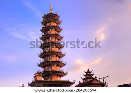 Ho Chi Minh city, Vietnam - March 27, 2015: Tower 9th floor of Pho Minh Pagoda in Buddha\'s Birthday holiday. This is the biggest celebration of the year of the Buddhist Vietnam and around the world