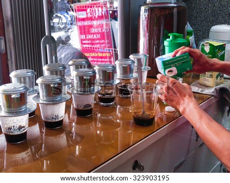 Hochiminh City, Vietnam - September 28, 2015: Coffee dripping at a cafe style vietnamese, this is a drink traditional type of person Vietnam