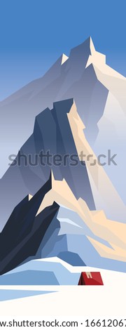 Winter camping on Greenland mountain. Landscape illustration.