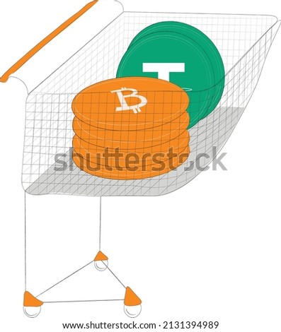 Vector illustration of a shopping cart full of crypto coins. Basket with bitcoin and tether.An isolated icon for banner, app, or website.