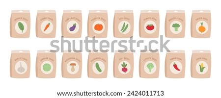 Vegetable seeds packages set. Pack of spinach, mushrooms, carrots, eggplant, pumpkin, peas, tomato, broccoli, cabbage, onion, garlic, cucumber, beets, pepper, corn, lettuce seeds