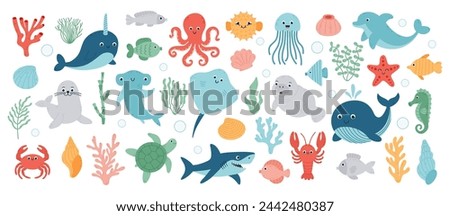 Big set with cute sea animals, shells, corals, seaweed. Kawaii sea life character elements. Cartoon vector illustration