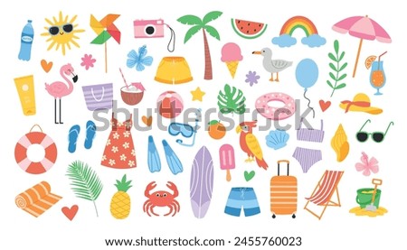 Cute beach set. Summer colorful holiday icons. Hand drawn vector illustration