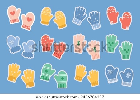 Knitted mittens and gloves set sticker, featuring a range of colors and patterns. Children and adults winter accessories. Cute cartoon vector illustration on soft blue background