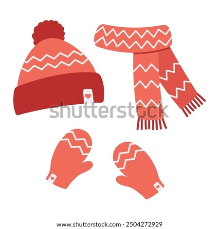 Winter set accessories in red color. Hat, scarf, and mittens with scandinavian pattern. Cartoon flat vector illustration