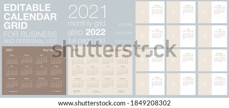 Vector 2021 and 2022 year calendar grid. All year on one page, monthly grid on separate pages. A place for a picture, logotype of a company, slogan, contacts. Editable vector template. English latin 
