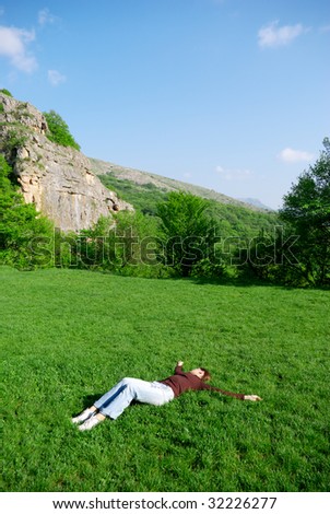 Girl resting on meadow. Element of design.