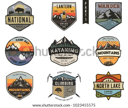 Set of vintage hand drawn travel badges. Camping labels concepts. Mountain expedition logo designs. Hike emblems. camp logotypes collection. Stock vector patches isolated on white background.