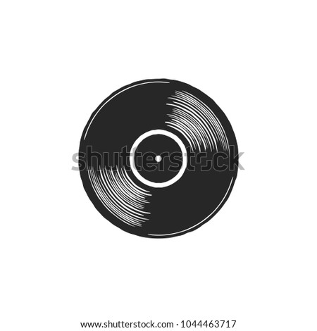 Vintage hand drawn vinyl LP record with gray label. Black Old technology, realistic retro design. Illustration. Stock vector musical plate icon isolated on white background.