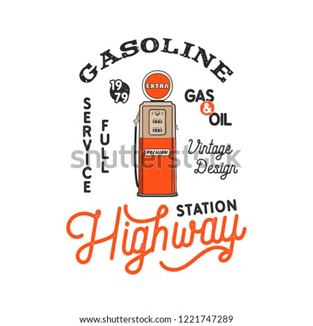 Vintage Gas Station Pump badge. Retro hand drawn gasoline logo design in distressed style. Unique gasoline pump illustration. Stock isolated on white background. Stock fotó © 