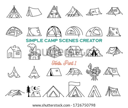 Vintage hand drawn tents icons bundle. Simple line art graphics. Camping houses symbols. Stock vector isolated adventure elemens and symbols