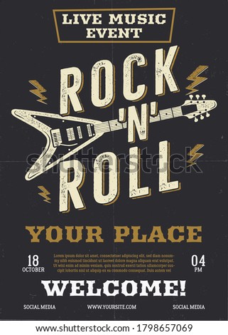 Rock music vector flyer, live event poster background template with guitar. Rock N Roll background. Vector design illustration Foto stock © 