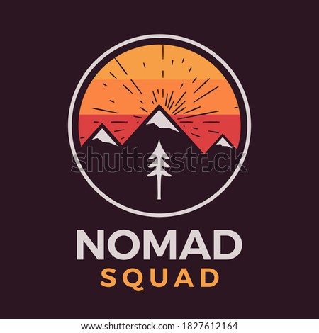 Nomad squad logo, retro camping adventure emblem design with mountains and tree. Unusual vintage art retro style sticker. Stock vector patch